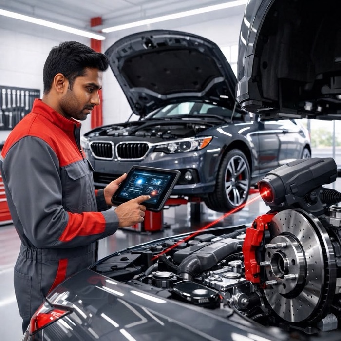 A mechanic servicing a car on a lift